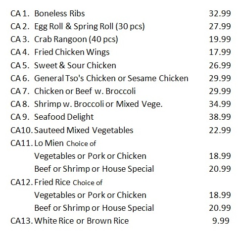 Cheng Garden Chinese Restaurant in Edison Catering Menu